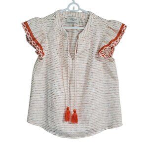 Luminary Fine Collection Tweed Preppy Tassel Flutter Sleeve Orange White Top - S